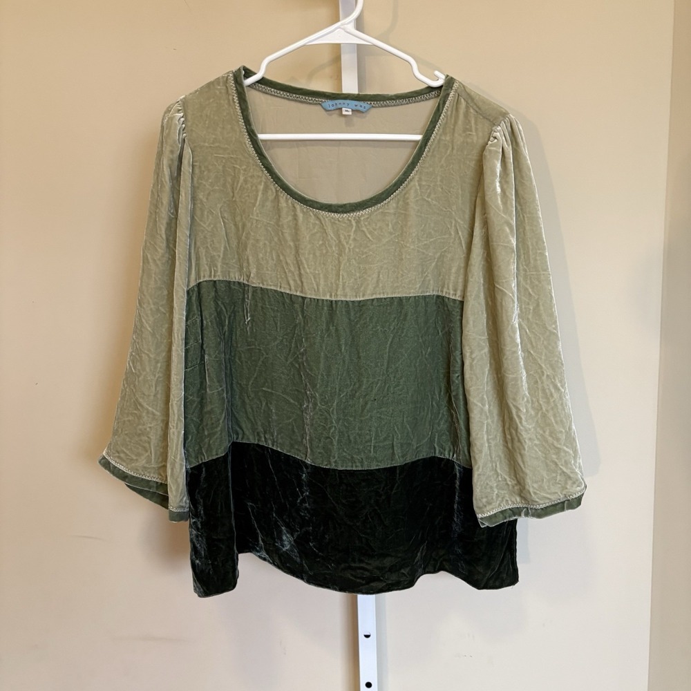 Johnny‎ Was Crushed Velvet Green Blouse Colorblock Whimsical Cottage XL